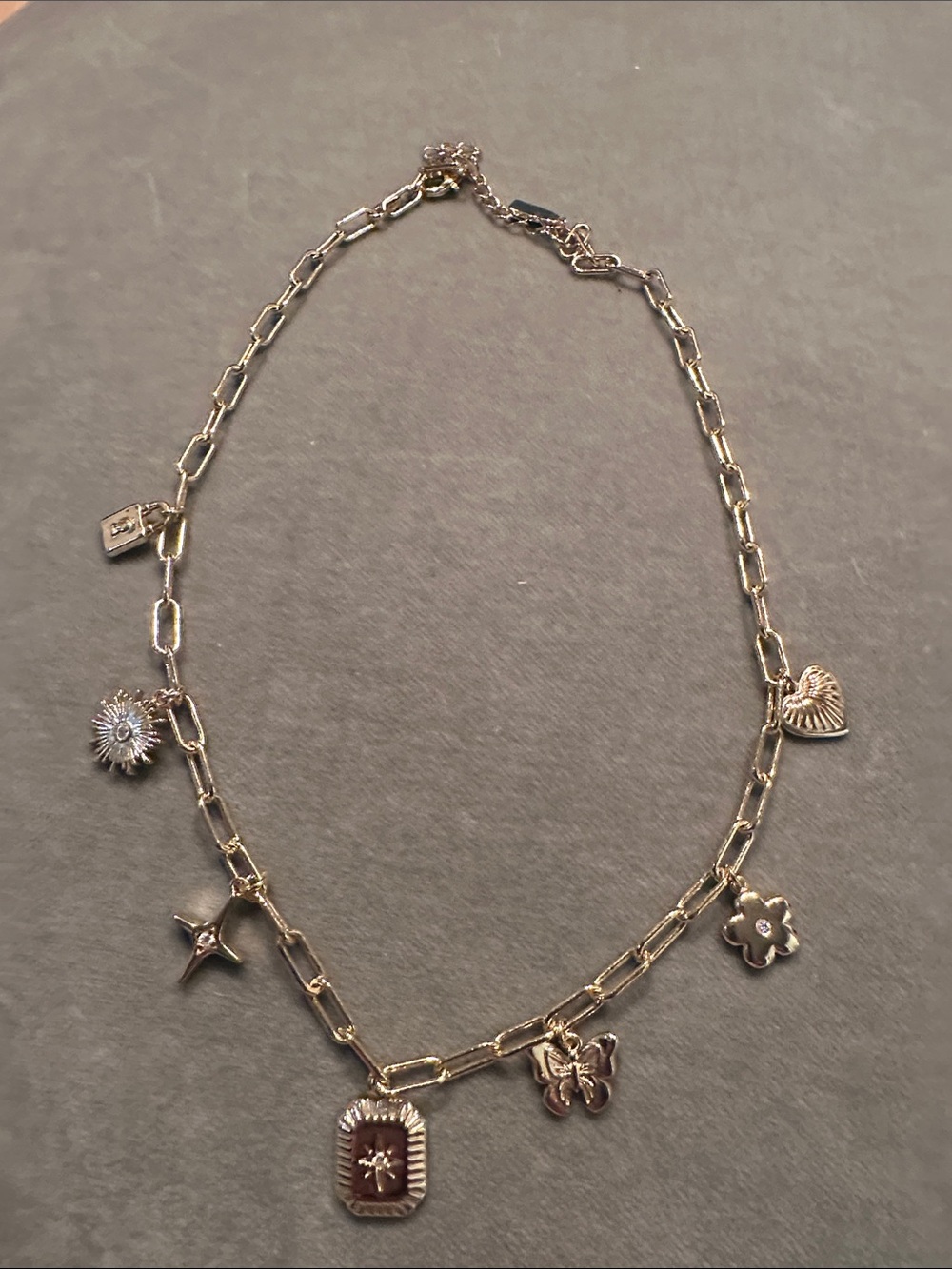 Gold Charm Link Necklace with Sun, Flower, Heart and Butterfly Charms